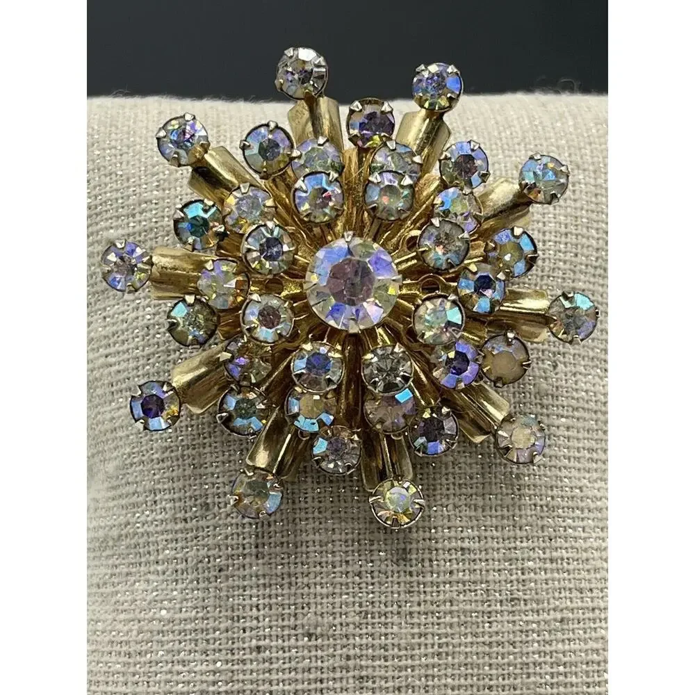 Vintage Aurora Borealis AB Rhinestone Starburst‎ Sunburst Brooch Pin